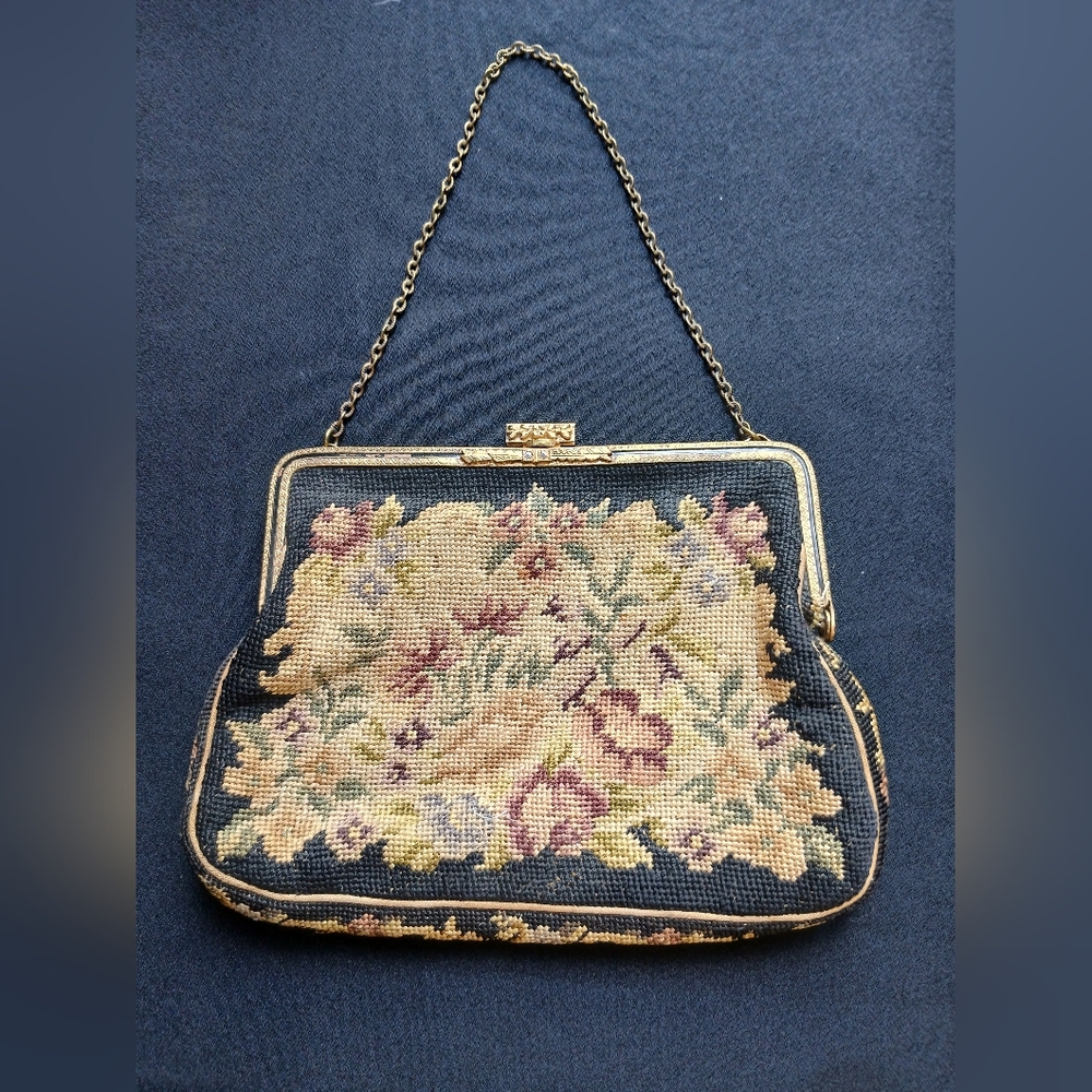 Elegant Vintage Handmade Floral Petite Point Embroidered Wristlet